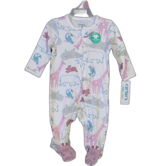 Carter's Child Of Mine White Pink Gray Animal Theme Footed Sleeper Baby 0-3M NWT - Picture 1 of 6